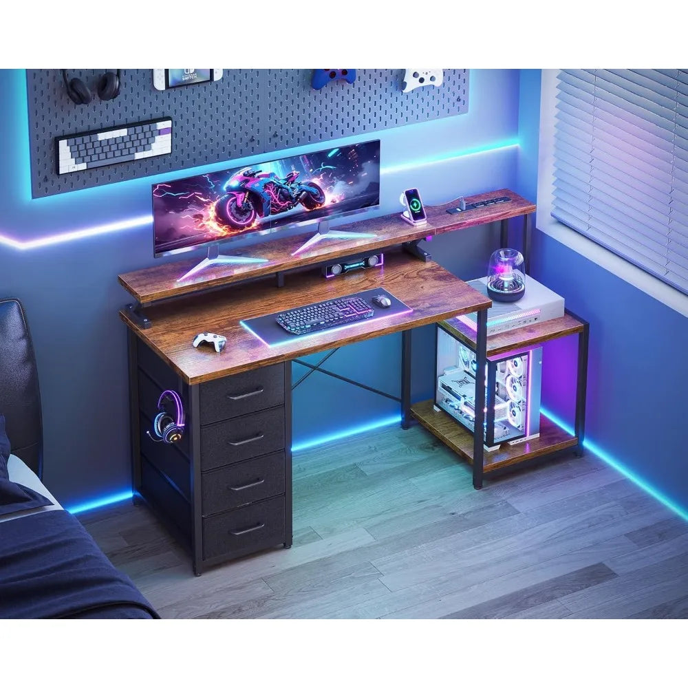 55 Inch Computer Desk with 4 Drawers, Office Desk with Power Outlets, Printer Shelf & Storage Shelves, Large, Customized
