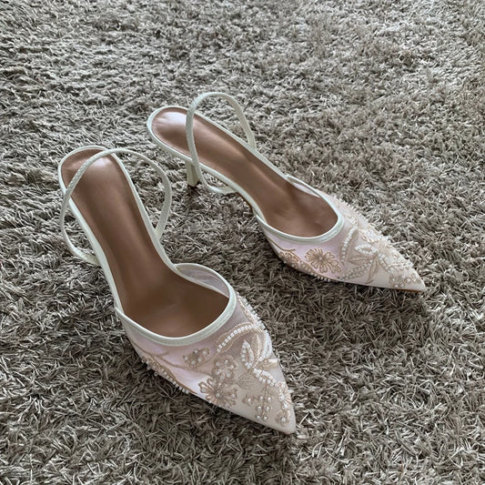 Mesh Embroidered Thin High Heels Sandals Women 2025 Summer Sexy Slingback Pointed Toe Pumps Dress Shoes Woman Sandalias De Mujer