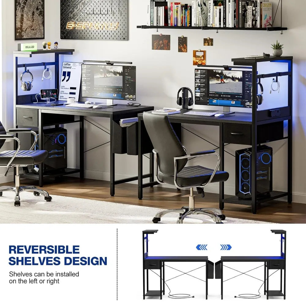 Gaming Desk 55 Inch with Power Outlet and LED Light, Computer Desk with Reversible Shelves and Storage Drawer, Pc, Customized