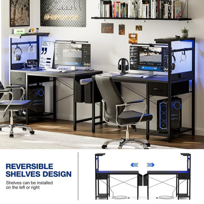 Gaming Desk 55 Inch with Power Outlet and LED Light, Computer Desk with Reversible Shelves and Storage Drawer, Pc, Customized