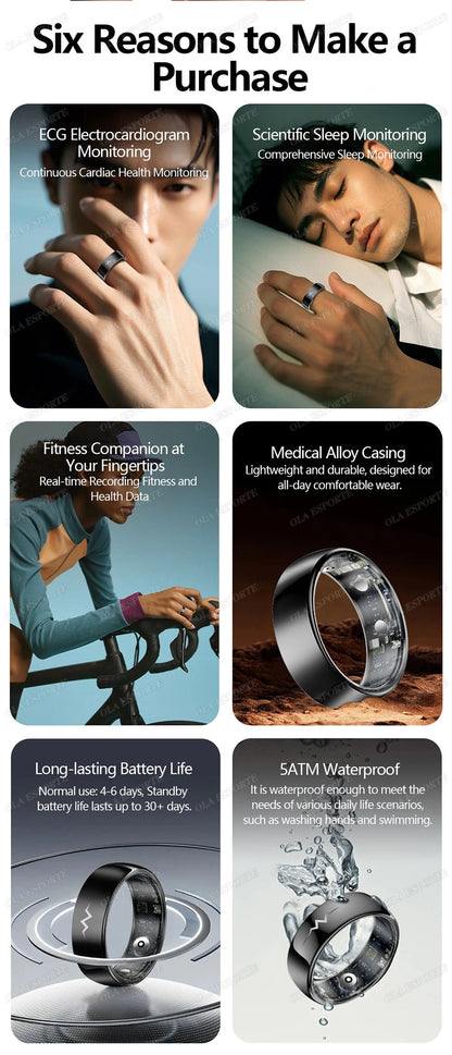 New ECG Smart Ring Men Women Bluetooth Blood Heart Rate Blood Oxygen Health Monitoring Multi Sports 5ATM Waterproof smartring