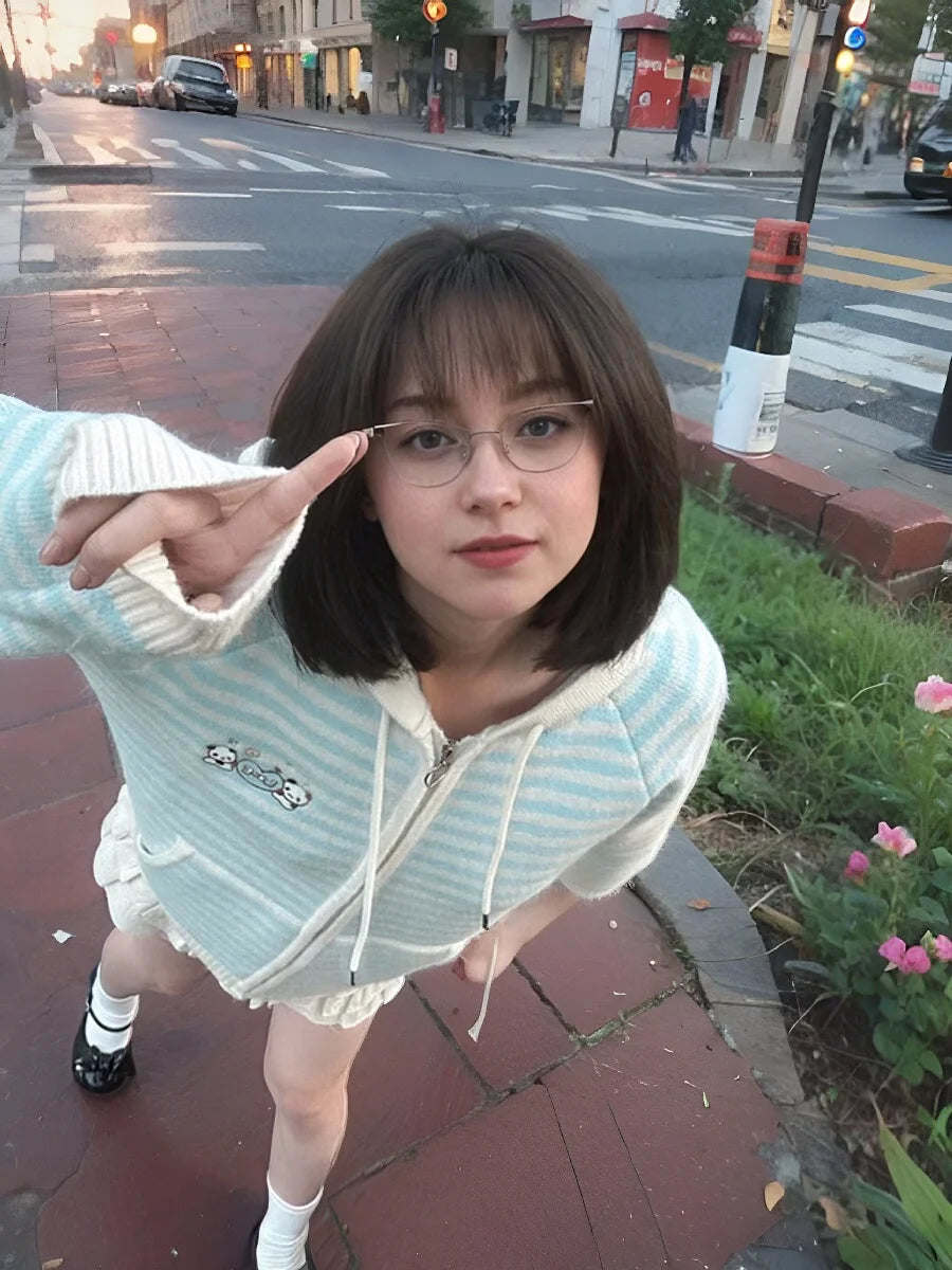 Pink Striped Knitted Sweater Coat Loose Women's Sle Korean Version Autumn Winter New Arrival Sweet School orm Theme