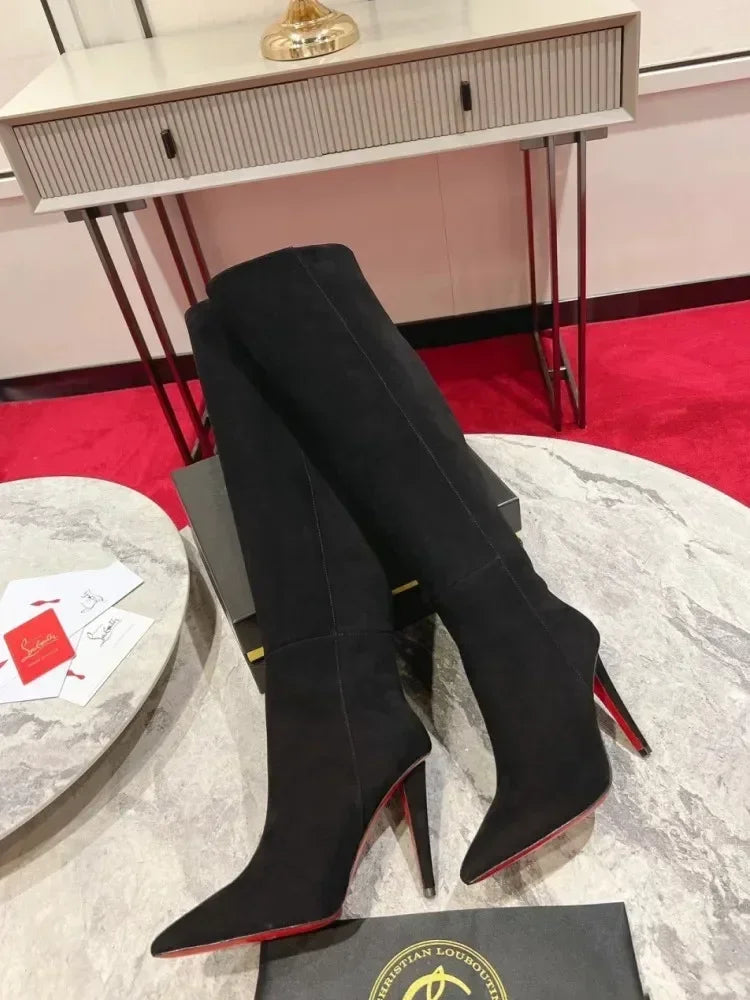 New European and American Women's Slim High Heels, Pointed Rivets, Knee Length Boots, Fashionable Party Oversized Mid Size Boots