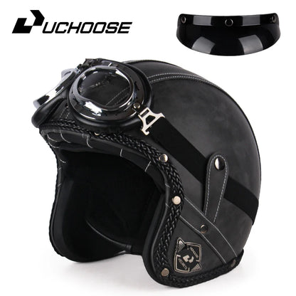 UCHOOSE Retro Motorcycle Helmet PU Leather Open Face 3/4 Chopper Bicycle Helmets Classic Casco Moto Vintage