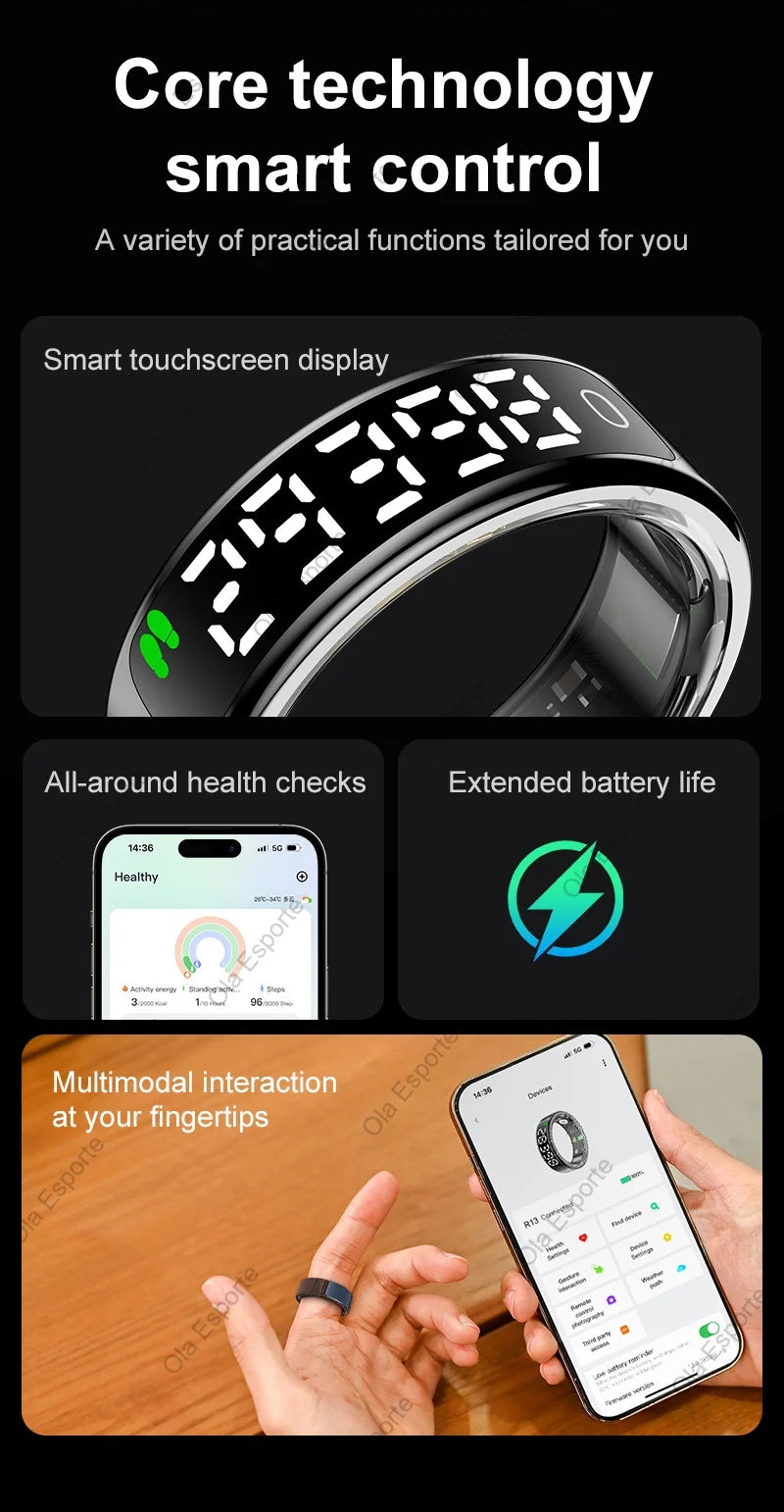Smart Ring with Display Screen and Touch for Men Women, Health and Sleep Monitor, 5ATM Waterproof, Multi-sport Mode, Smartring