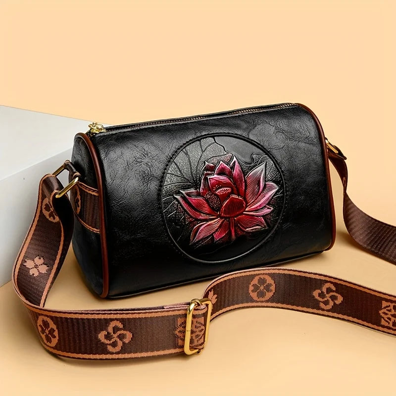 Fashionable and Trendy Women's Small Square Bag, Featuring Unique Lotus Embossing Craftsmanship, Showcasing Elegance and Individuality, with a Wide Shoulder Strap Design for an Ultimate Comfortable Experience. Versatile Shoul