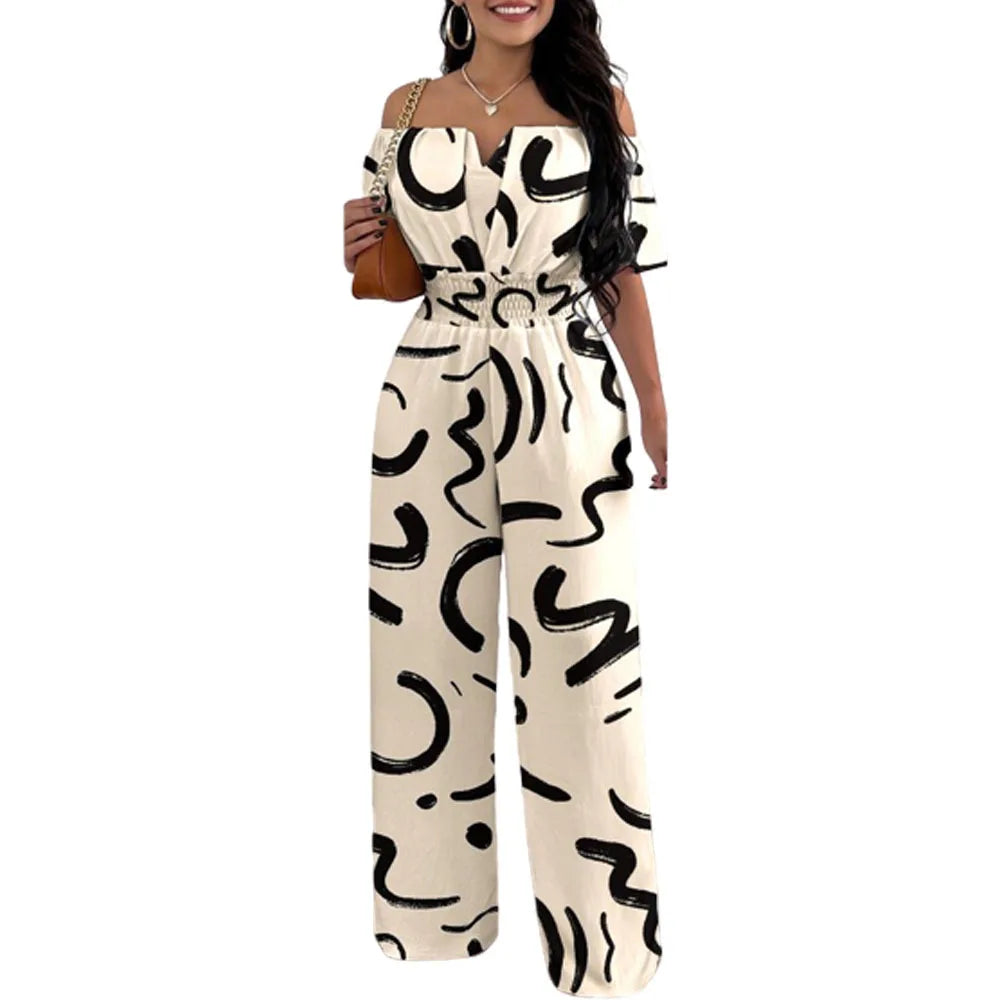 Summer New Women Sexy One Line Shoulder Solid Color Short Sleeve Jumpsuit Slim Elastic Waist Loose Straight Female Long Jumpsuit