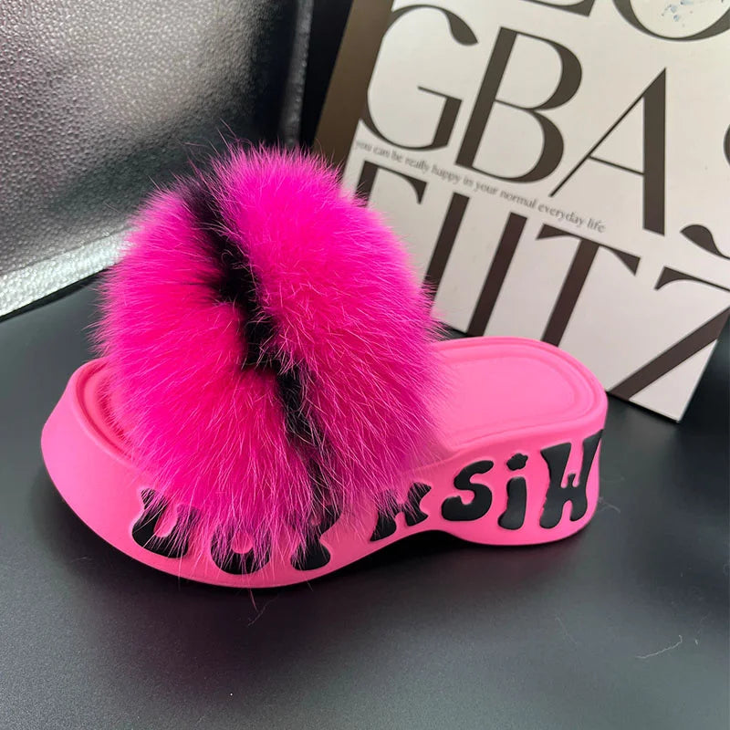 Real Fox Fur Slippers for Woman Luxury 2025 Slippers Summer Woman Sandals Thick Sole Pink Fur Slippers Fluffy Slides for Woman
