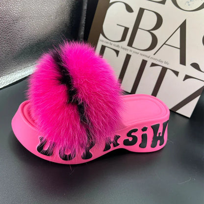 Real Fox Fur Slippers for Woman Luxury 2025 Slippers Summer Woman Sandals Thick Sole Pink Fur Slippers Fluffy Slides for Woman
