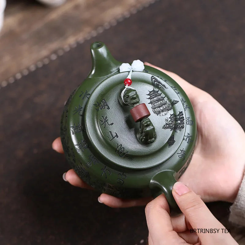 Chinese Yixing Purple Clay Teapot Raw Ore Green Mud Tea Pot Handmade Landscape Kettle Household Teaware Zisha Tea Set 260ml