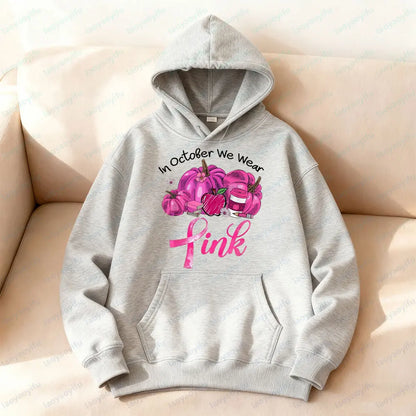 In October We Wear Pink Sweatshirt Retro Pumpkin Hoodies Breast Cancer Awareness Fighter Tops Pink Bow Ribbon Women Streetwear
