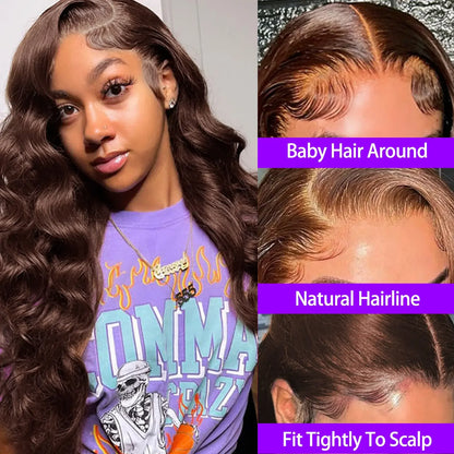 Chocolate Brown 13x4 Lace Front Wig Brazilian Pre Plucked 13x4 HD Lace Frontal Wigs Dark Brown Body Wave Human Hair Closure Wigs