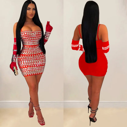 GLCMYAYA Women Diamonds Hot Rhinestones Crystal Spaghetti Strap Birthday Bodycon Midi Dress Sexy Party Even Dresses Vestidos