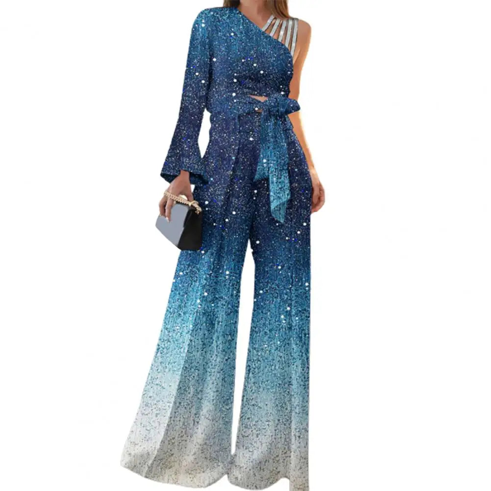 2026 Women Blouse Pants Set One Shoulder Blouse Bandage Bowknot High Waist Wide Leg Pants Set Glitter Trim Elegant Women Outfit