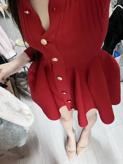Elegant Vintage V-neck Red Dresses Y2k Slim Fit Knitted Dress for Women Spring Autumn New Long Sleeve Vestidos De Mujer
