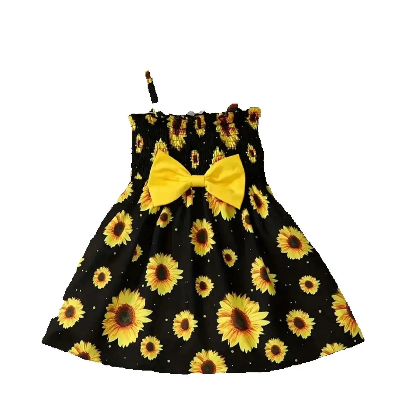 2026 Girls' Leisure New Spring and Summer Sunflower Printed Bow Decoration Strap Loose Comfortable Dress Small Skirt