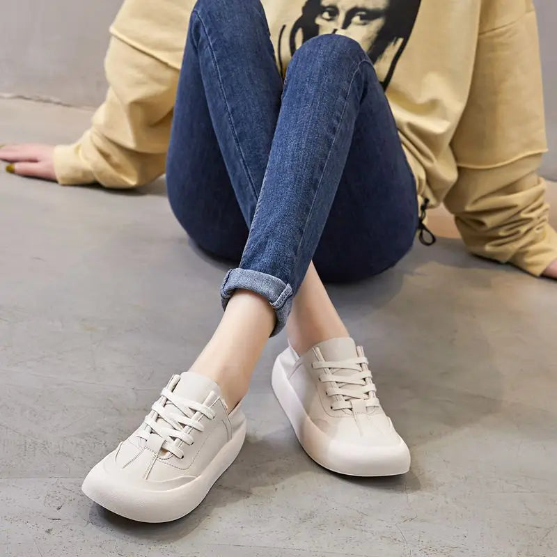 GKTINOO Genuine Leather Lace Up White Shoes For Women Flats Heel Sofe Soles Sneakers Shoes Luxury Leisure Fashion Big Head Shoes