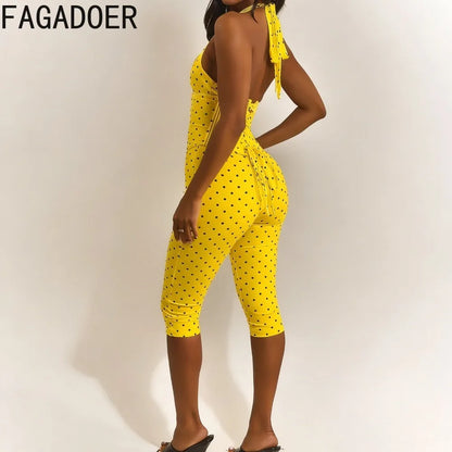 FAGADOER Sexy Polka Dot Print Bodycon Jumpsuits Woman Halter Deep V-neck Backless Rompers Female Streetwear Overalls 2026 New