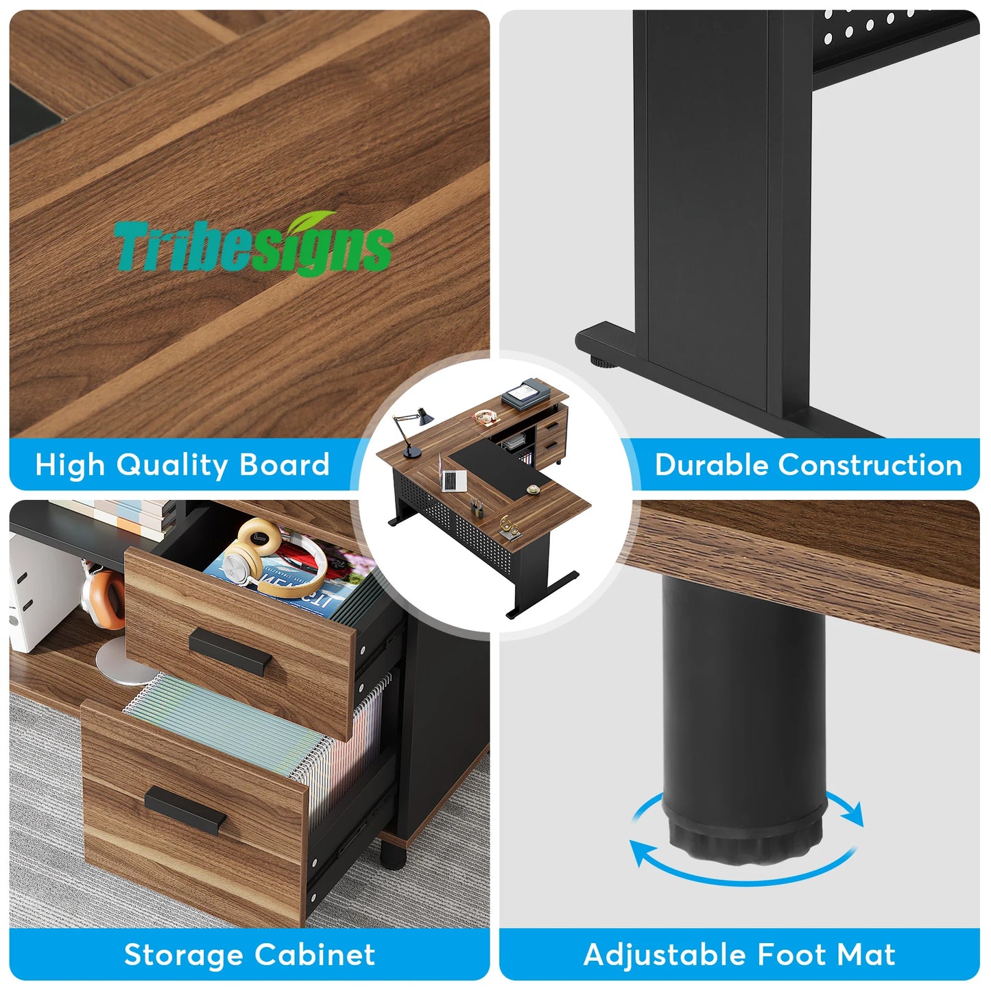 Tribesigns 63 Inch Executive Desk with File Cabinet, Large Office Desk L Shaped Computer Desk with Drawers and Storage Shelves