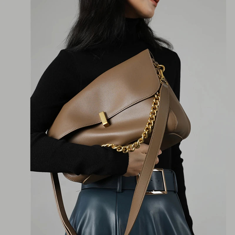 Toptrends Genuine Leather Large Chain Shoulder For Women 2026 Luxury Designer Office Messenger Bags Satchel Cow Ladies Handbags