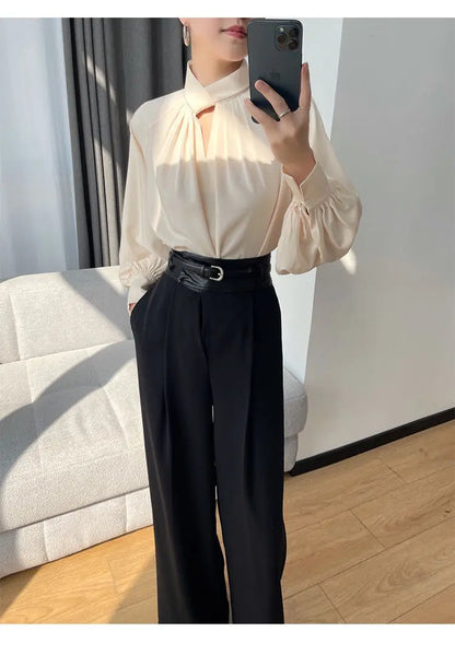 Office Lady Hollow Out Loose Shirt Tops Spring Autumn New Long Sleeve Elegant Solid Blouse Temperament Fashion Women Clothing