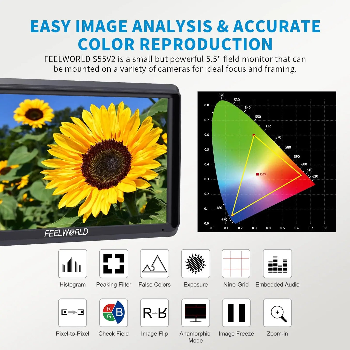 FEELWORLD S55 V3 6 inch Camera DSLR Field Monitor Video Assist IPS 1920x1152 4K HDMI DC Out With 3D LUT
