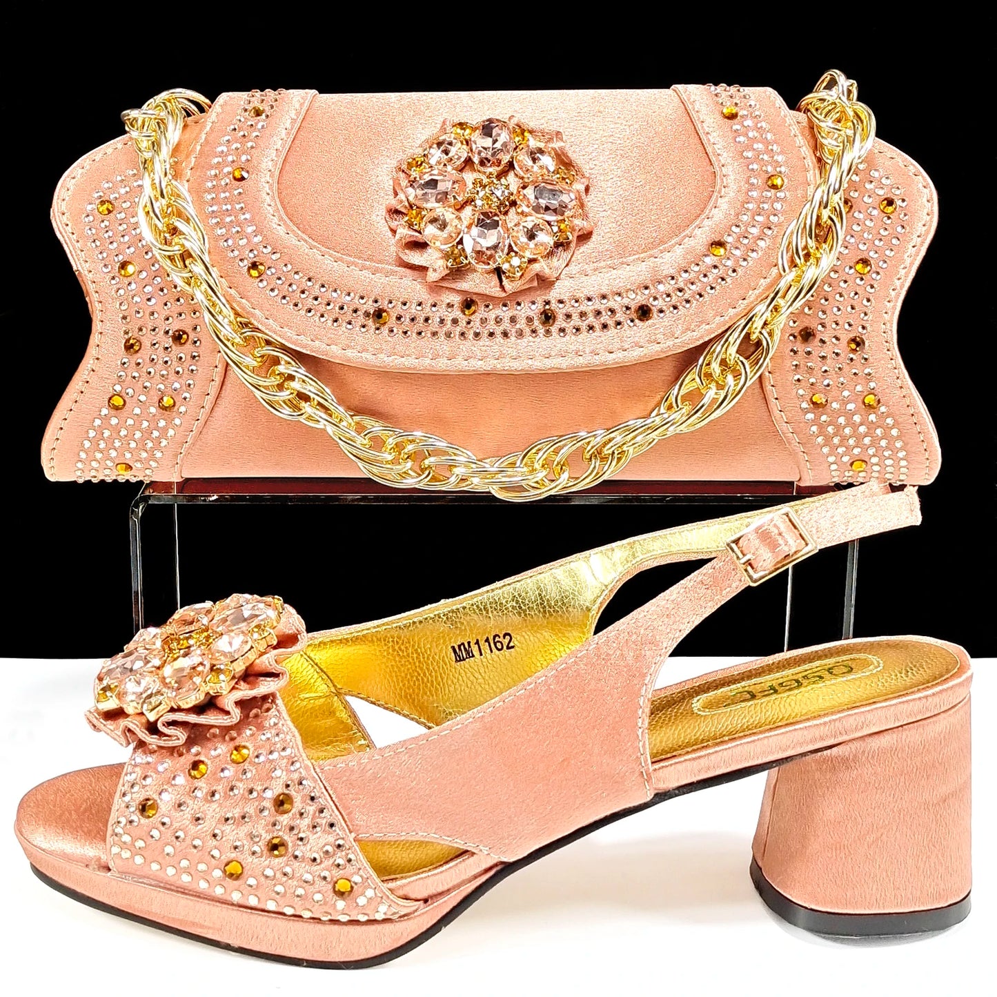 QSGFC Open Toe Women Heels for 2024 Elegant Party Olive Color Diamond Pumps Italian Shoes and Bags Matching Set