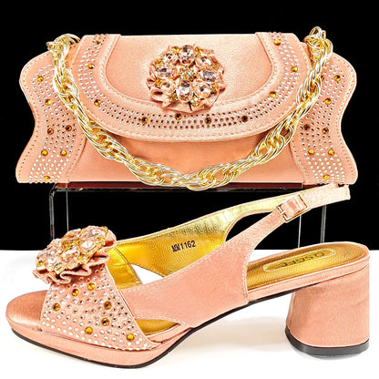QSGFC Open Toe Women Heels for 2024 Elegant Party Olive Color Diamond Pumps Italian Shoes and Bags Matching Set
