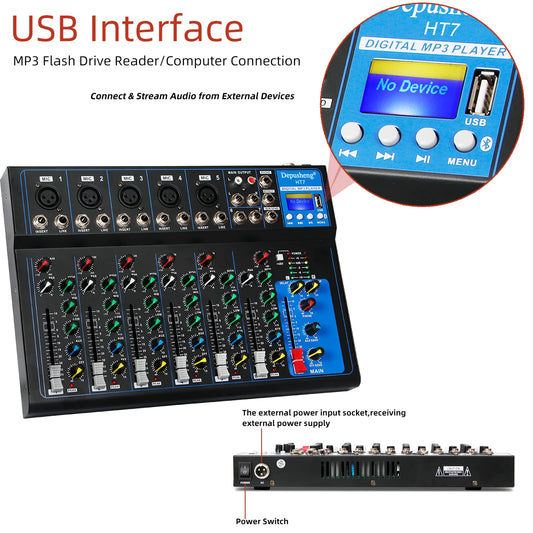Professional Audio Mixer 7 Channel Portable USB Interface Playback DJ Mixing Console For Stage Performance