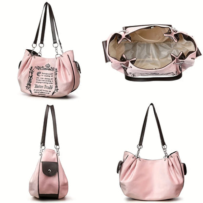 Letter Print Faux Suede Women Handbag Shoulder Bag, Retro Large Capacity Tote Bag for Daily Commuting and Hand-Carry.Pumpkin Bag