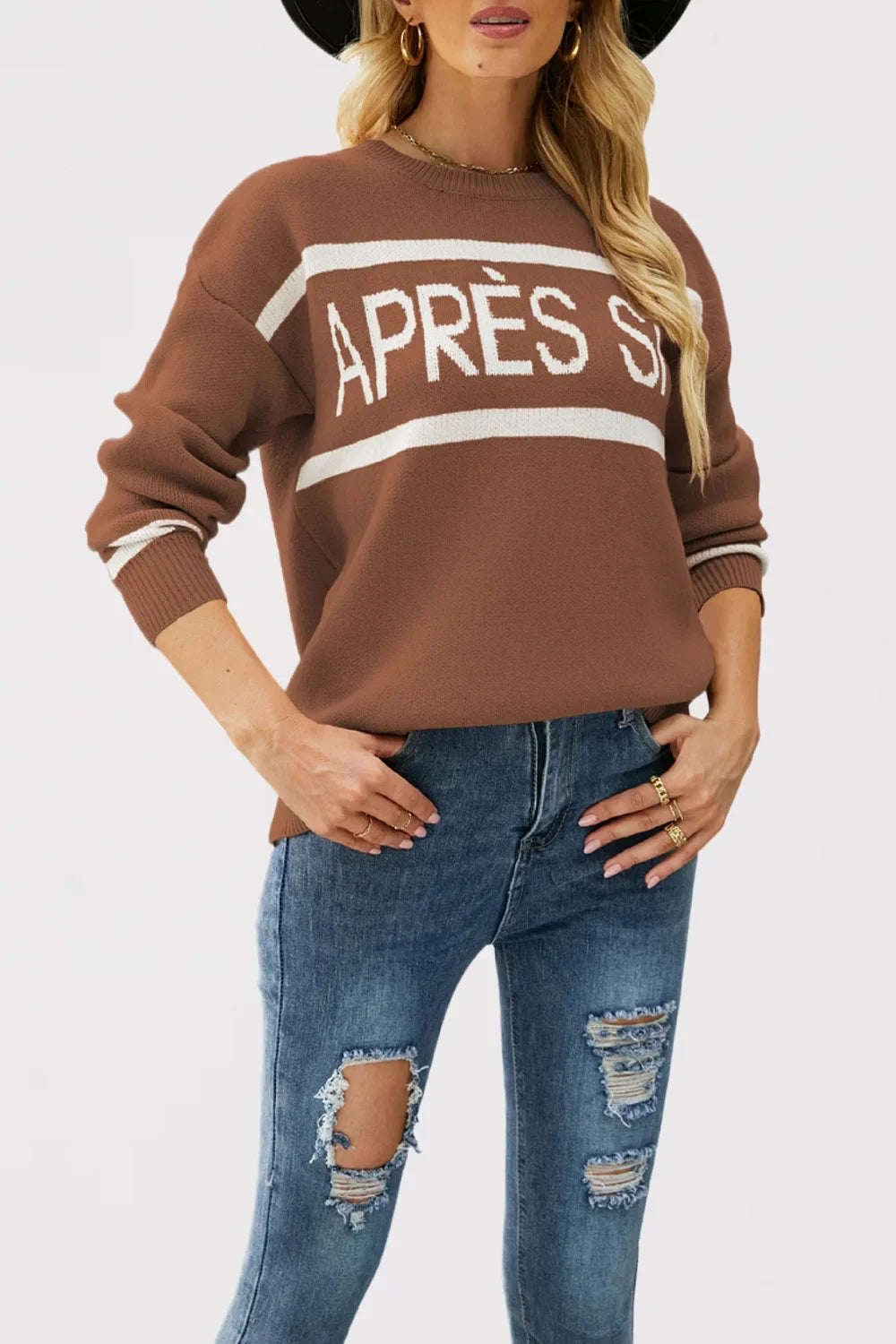Women's Autumn and Winter New Crew-neck Monogram Jacquard Patchwork Pullover Sweater, Fashion Casual Spell Color Knit Sweater