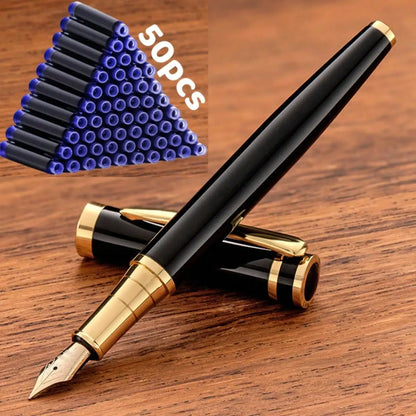 51-Piece Set (1 Pen + 50 Ink Cartridges), 0.5mm Tip, Iridium Nib, Stainless Steel Pen Body, Suitable for Calligraphy, Elegant and High-End, Luxurious and Noble, Suitable for 2.6mm Diameter, Student Stationery, Gifts, Valentin