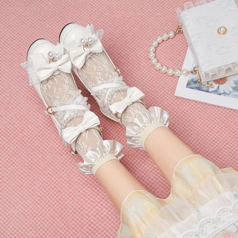 Cross Strap Women High Heels Mary Jane Pumps Party Wedding Cosplay White Pink Black Strawberry Bow Princess Cosplay Lolita Shoes