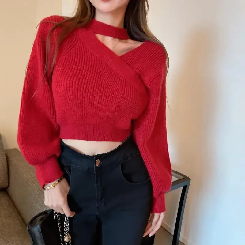 2024 New Halter Neck Off-the-shoulder Cropped Sweater Women's Autumn/winter Outerwear Waist-fitted Korean Knitted Top Sleeve
