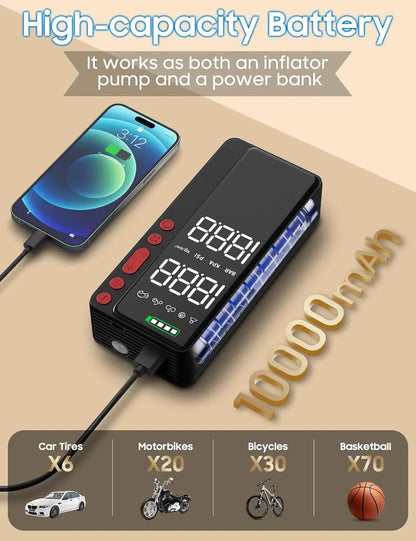 Smart Tire Inflator Portable Air Compressor, APP Control for Car Tires, 10000mAh Fast Pump with LED Light & Auto Shut-Off