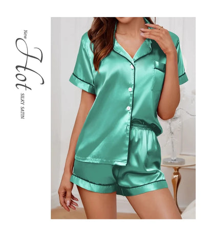 Women's Satin Pajama Set Summer Sleepwear Loungewear Short Sleeve Lapel Top & Shorts Pyjamas Button Home Clothes Pajamas Pjs Set