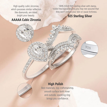 Newshe 925 Sterling Silver Wedding Rings Set for Women Tear Drop CZ Double Halo Engagement Ring with Enhancer Guard Jewelry