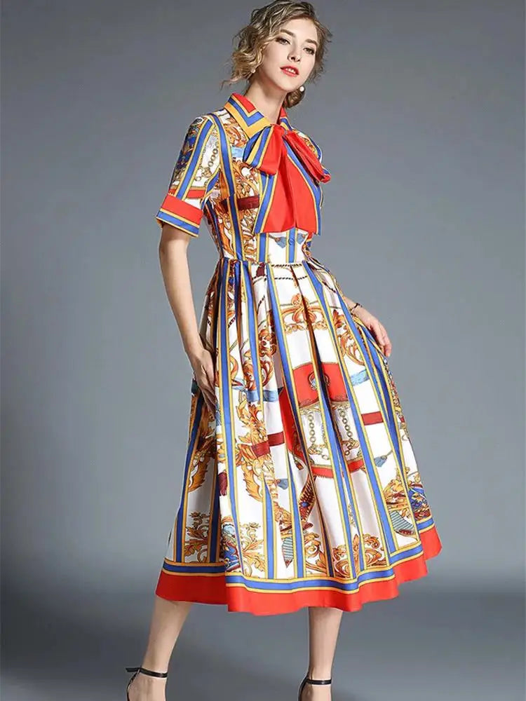 Women's Orange Striped Short Sleeves Vintage Belt Bow Tie Collar Shirt Dress Summer Runway Chain Printing Casual Midi Vestidos