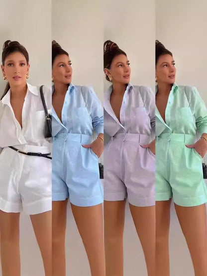 2026 New Women's Long Sleeve 2-Piece Set Casual Button Detail Shorts Outfit Shirt Top Summer Fashion Female Suit Y2k Clothing