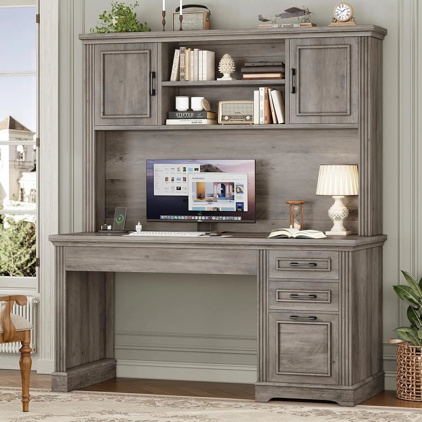 Office Desk with 3 Drawers, 47.2' Executive Computer Desk with Storage Drawers and Hutch Cabinet, Wood Farmhouse Desk with