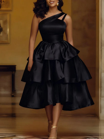 Women Elegant Shiny One Shoulder Ruffle Layered Christmas Party Dresses Date Out Birthday Wedding Guest Event Occasion Gowns New