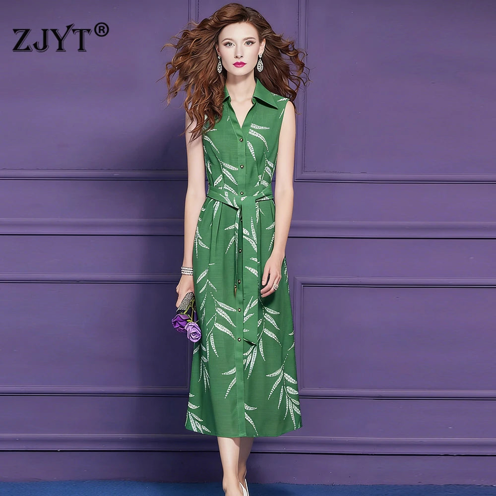 ZJYT New Summer Women's Sleeveless Green Dress Elegant Print Single Breasted Casual Holiday Midi Dresses Vestidos Female Clothes