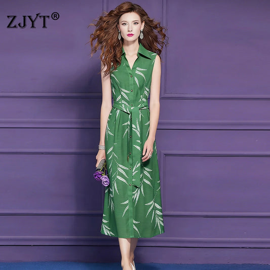 ZJYT New Summer Women's Sleeveless Green Dress Elegant Print Single Breasted Casual Holiday Midi Dresses Vestidos Female Clothes