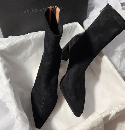 Square High Heel Women Ankle Boots Fashion Zippers Shoes Retro Style Autumn Winter Pointed Toe Ladies Dancing Party Prom Shoes