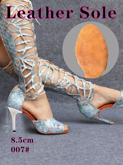 Ladingwu High-end Custom Material Fish Scale Texture Women Dance Shoes Sexy Pole Dance Boots Ladies Wedding Ballroom Shoes
