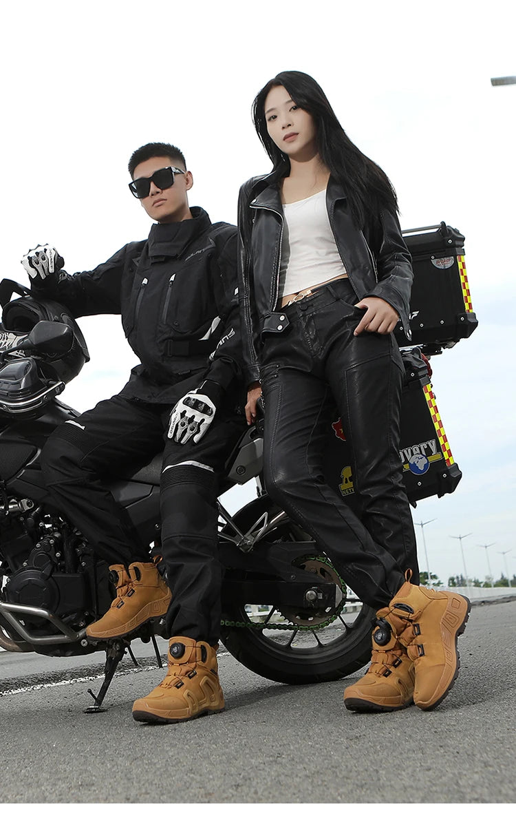 Men Motorcycle Riding Boots Waterproof Cowhide Leather Breathable Anti-Slip Wear-Resistant Street Moto Shoes