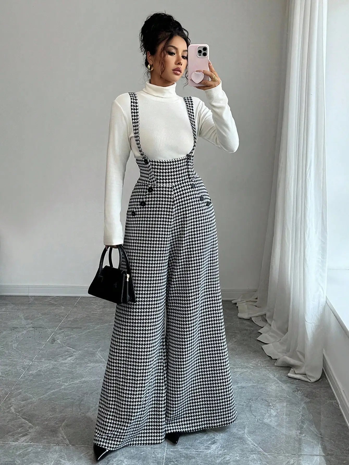 Overalls for Women's Winter Jumpsuit Black White Vintage Wide Leg Suspender Pants for Office Commute Casual Female Clothing
