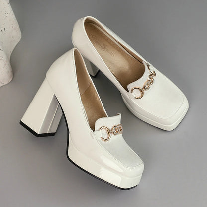 Extra Big Size 49 50 Bright Yellow Metal Crystal Chain Woman's Pumps Spring Fall Shoes Slip-on Loafers Platform Block High Heels