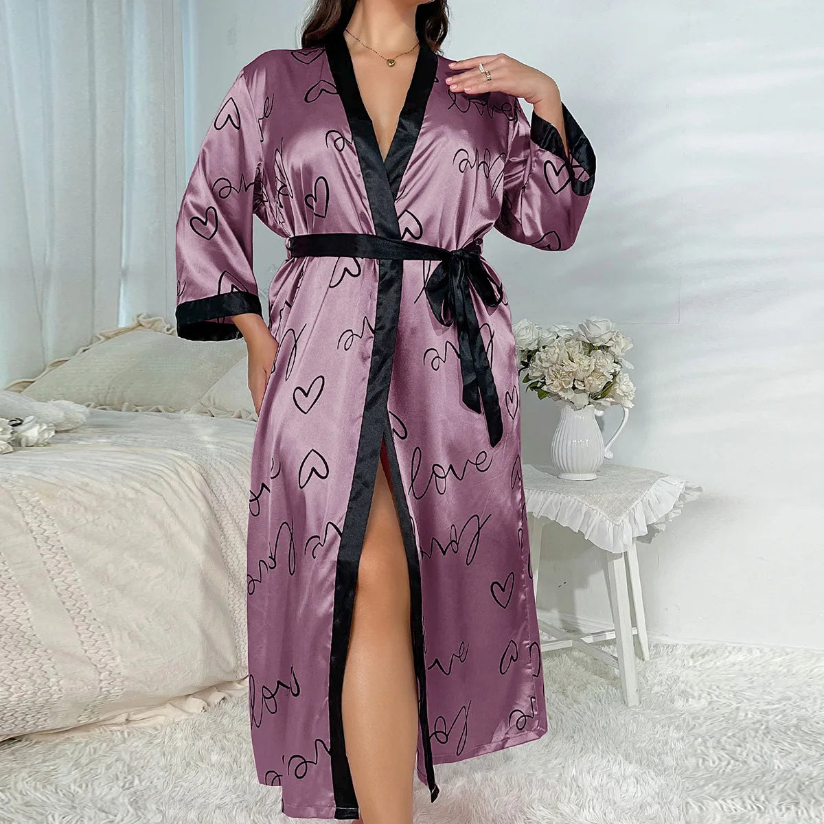 Plus Size Women's Satin Like Nightgown Fashion Long Maxi Sleep Dress100kg Floral Print Loose Fit Robe for Curvy Girls Loungewear