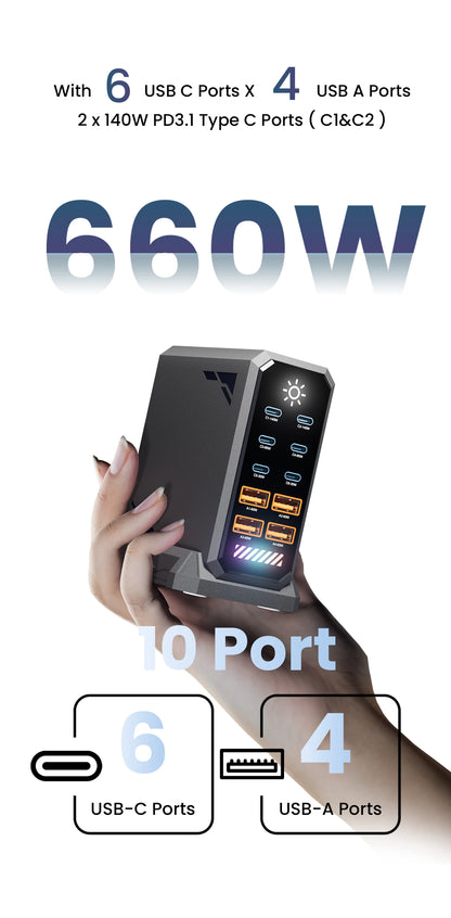 660W GaN USB C Charger Station 10 Port Fast Charger Type C PD3.1 PD3.0 PPS Quick Charger For Macbook Pro iPad iPhone 16 Samsung